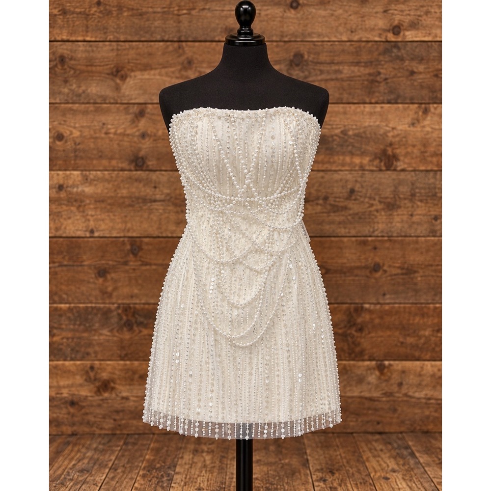 Handmade Ivory Pearl Sequin Strapless Mini Dress Corset Back Bridal Size 8